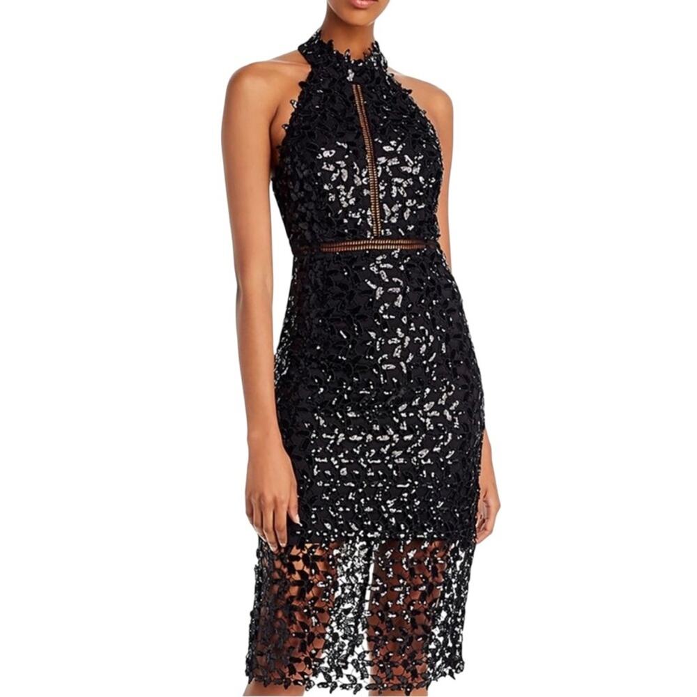 Bardot Gemma Dress Sequin Lace Sheath Midi S 6 Black Halter Ladder Open Back LBD